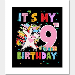 It's My 9th Birthday Girl Cute Unicorn Birthday 9 Year Old Gift For Girl Kids Toddlers Posters and Art